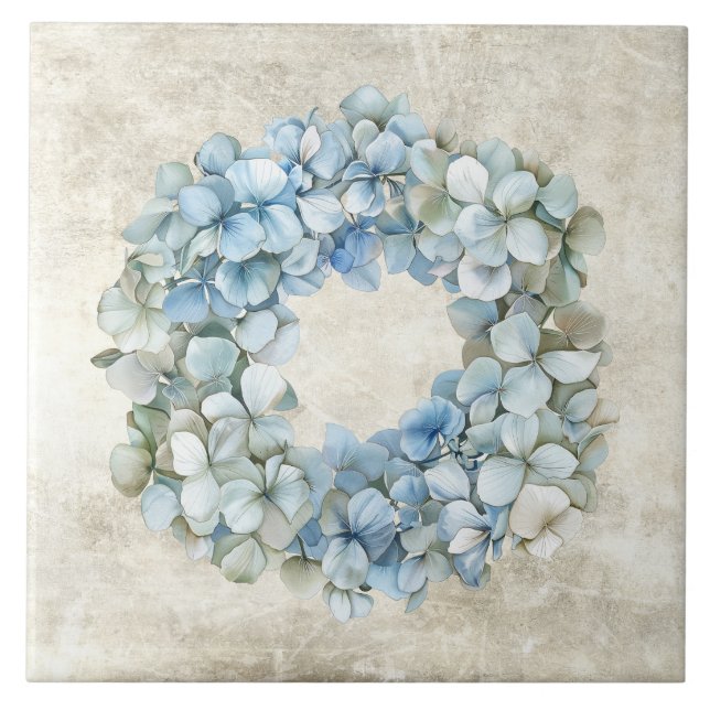 Rustic Watercolor Floral Blue Hydrangea Wreath Tile (Front)