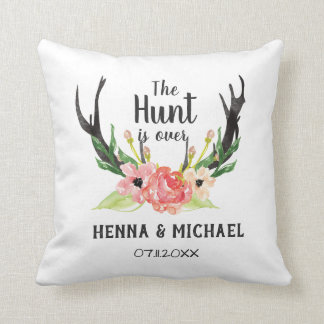 Rustic Watercolor Floral Boho Hunt is Over Wedding Cushion
