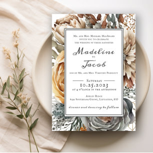 RUSTIC WATERCOLOR FLORAL BORDER SCRIPT WEDDING  INVITATION