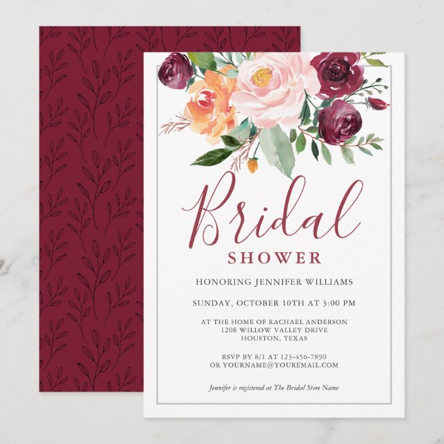 Rustic Watercolor Floral Bouquet Bridal Shower Invitation (Front/Back)