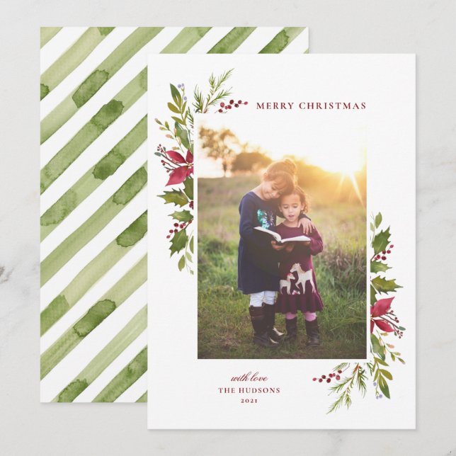 Rustic Watercolor Floral Classic Holiday Card (Front/Back)