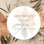 Rustic Watercolor Floral  Classic Round Sticker<br><div class="desc">This “Save the Date” sticker is simply rustic elegance with simple yet pretty typography on a fresh white background and a translucent peony. Neutral and classy. Perfect for any wedding theme. Simplicity at its best. Sheer elegance. I’ve enjoyed creating this design for your special day. 100% customer satisfaction on “Zazzle”...</div>
