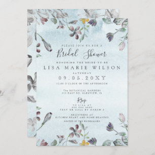 Rustic Watercolor Floral Dusty Blue Bridal Shower Invitation