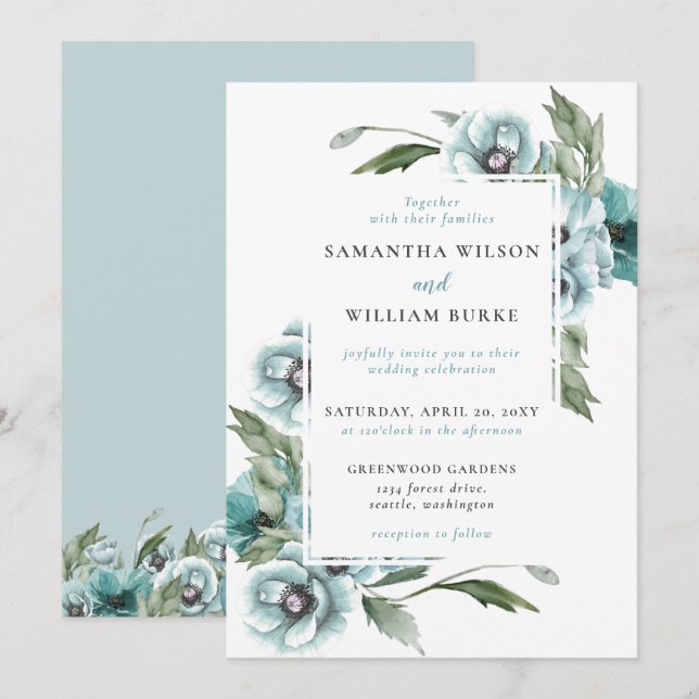 Rustic Watercolor Floral Dusty Blue Wedding Invitation (Front/Back)