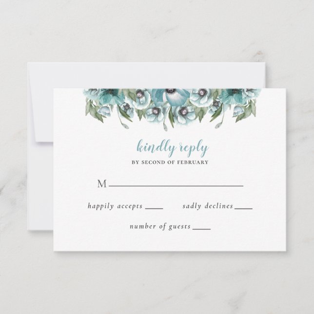 Rustic Watercolor Floral Dusty Blue Wedding RSVP Card (Front)