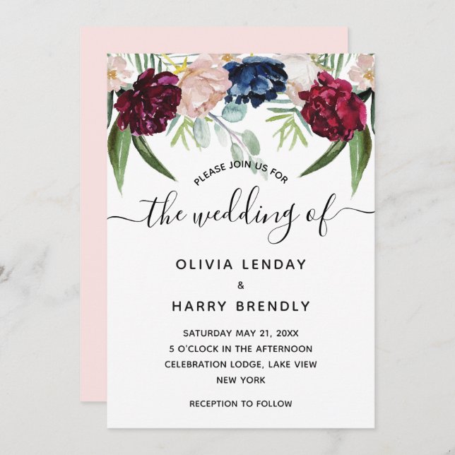 Rustic Watercolor Floral Elegant Wedding Invitation (Front/Back)