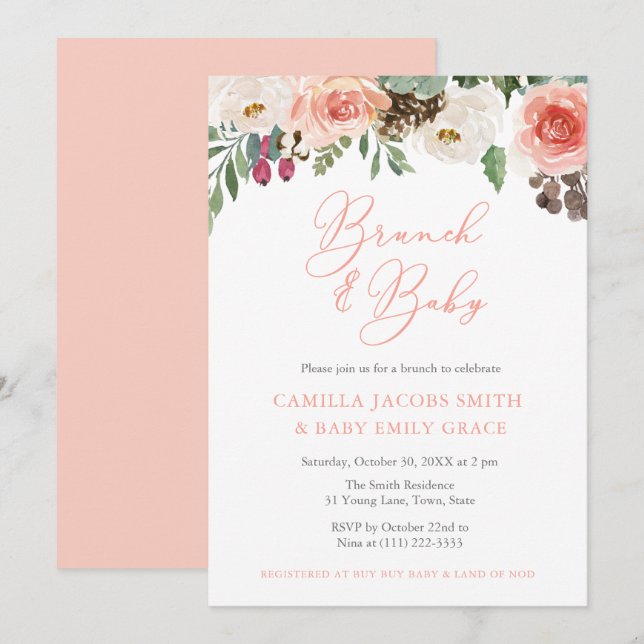 Rustic Watercolor Floral Fall Brunch Baby Shower Invitation (Front/Back)