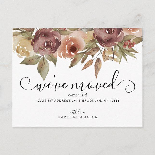 Rustic Watercolor Floral Fall Script Moving Announcement Postcard (Front)