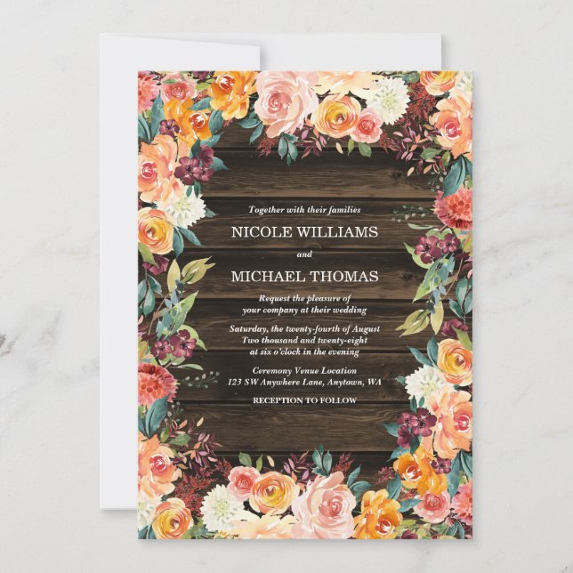 Rustic Watercolor Floral Fall Wedding Invitations (Front)
