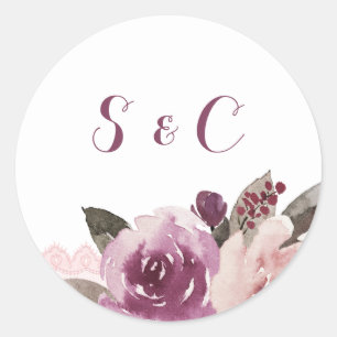 Rustic watercolor floral fall wedding monogram classic round sticker