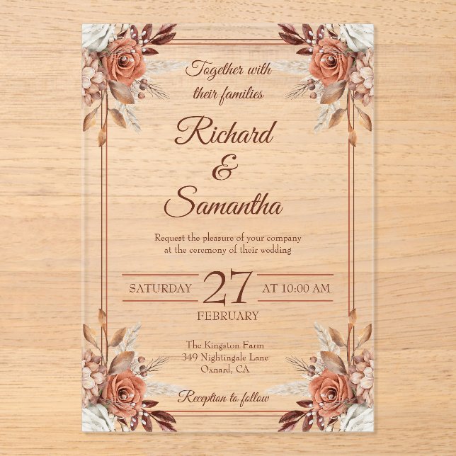 Rustic Watercolor Floral Frame Boho Wedding Acrylic Invitations (Front)
