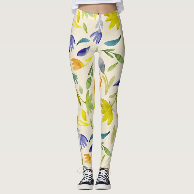 Rustic Watercolor Floral Garden Botanical Leggings (Front)