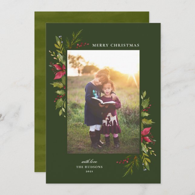 Rustic Watercolor Floral Green Holiday Card (Front/Back)