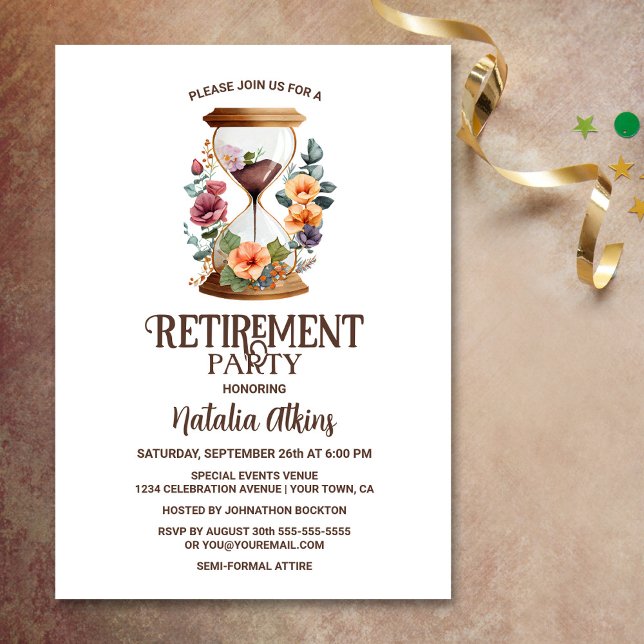 Rustic Watercolor Floral Hourglass Retirement Invitation (Creator Uploaded)