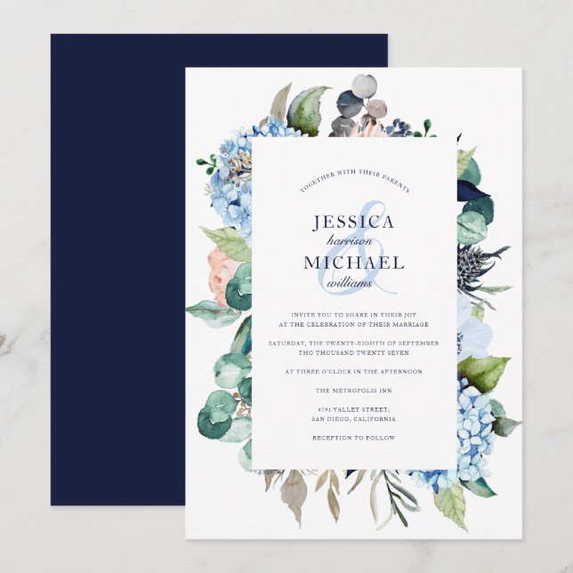 Rustic Watercolor Floral Hydrangea Navy Wedding Invitation (Front/Back)