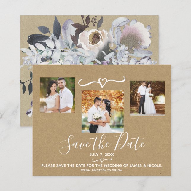 Rustic Watercolor Floral Kraft Photo Save the Date (Front/Back)
