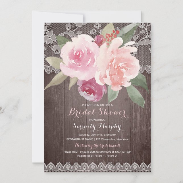 Rustic watercolor floral lace bridal shower invitation (Front)