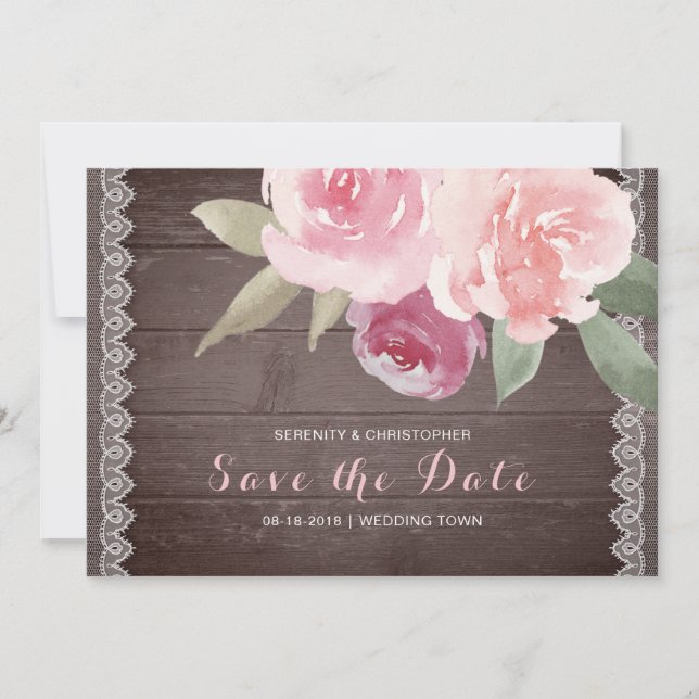 Rustic watercolor floral lace save the date (Front)