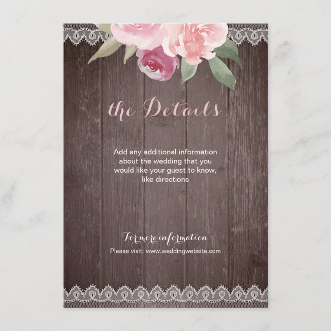 Rustic watercolor floral lace wedding details enclosure card (Front)