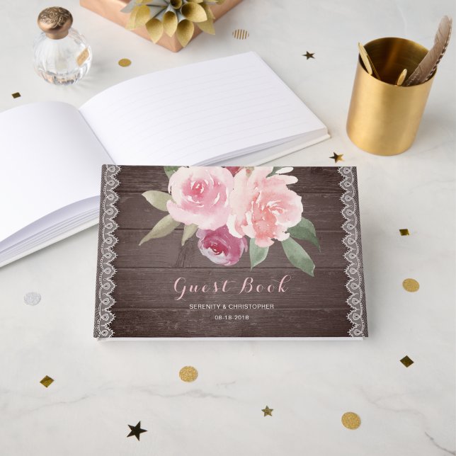 Rustic watercolor floral lace wedding guest book (Front Open)