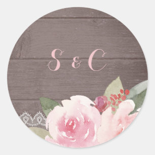 Rustic watercolor floral lace wedding monogram classic round sticker