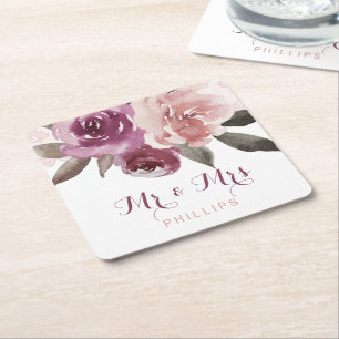 Rustic watercolor floral lace wedding Mr and Mrs Square Paper Coaster