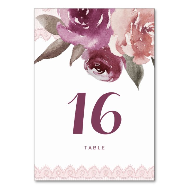 Rustic watercolor floral lace wedding table card (Front)