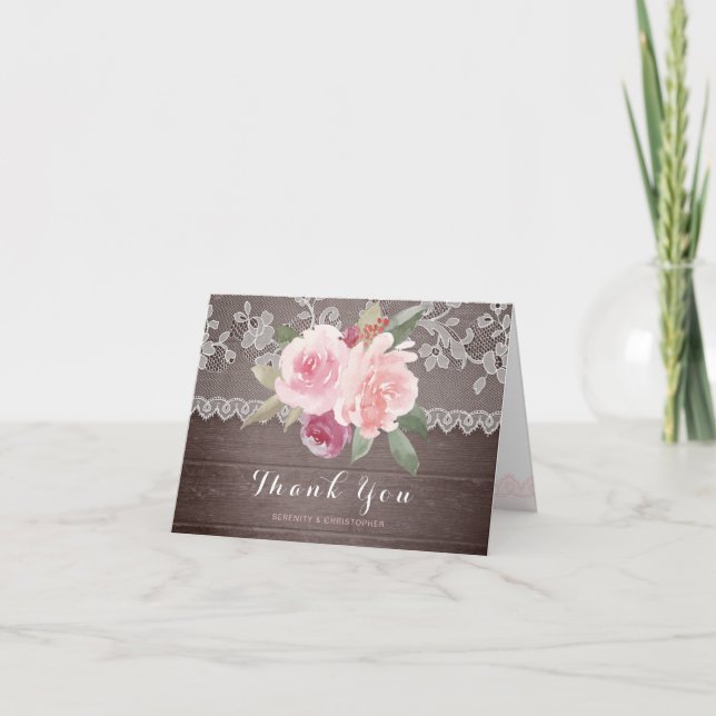 Rustic watercolor floral lace wedding thank you card (Front)