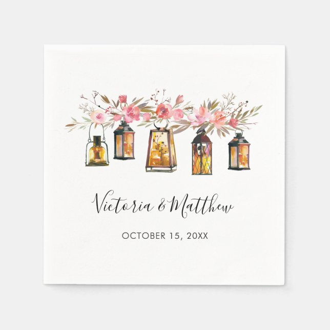 Rustic Watercolor Floral Lantern Wedding Napkin (Front)