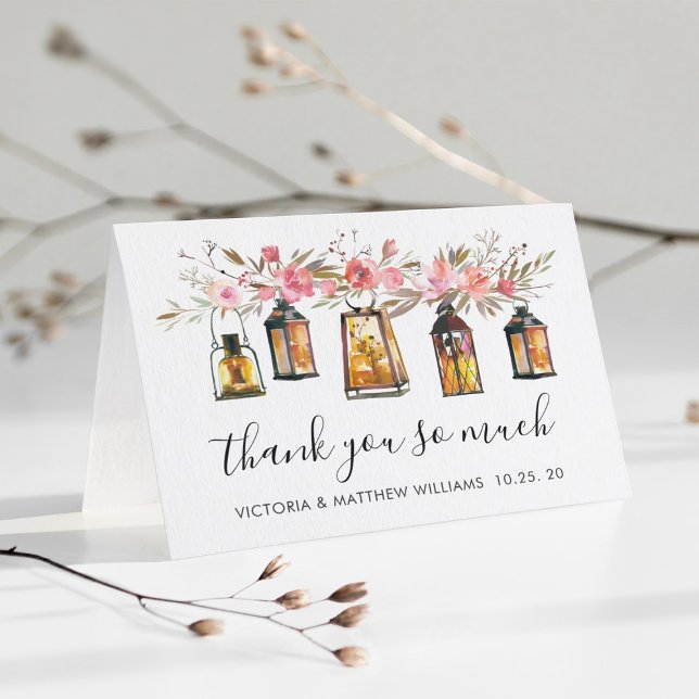 Rustic Watercolor Floral Lantern Wedding Thank You (Creator Uploaded)