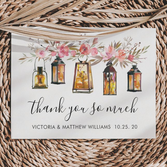 Rustic Watercolor Floral Lantern Wedding Thank You Card (Creator Uploaded)