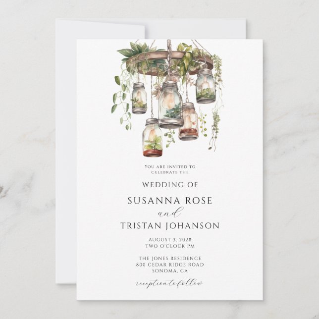 Rustic Watercolor Floral Mason Jar Lights Wedding Invitation (Front)