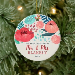 Rustic Watercolor Floral Newlywed Personalised Ceramic Tree Decoration