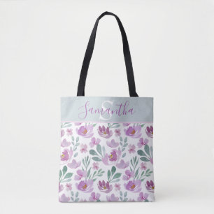 Rustic Watercolor Floral Pattern Monogram Tote Bag