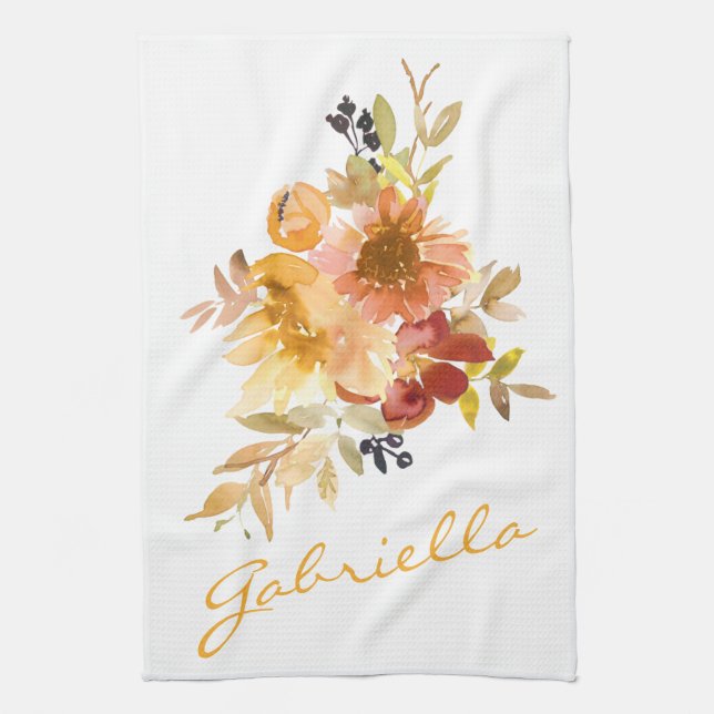 Rustic Watercolor Floral Personalized Script Name Tea Towel (Vertical)