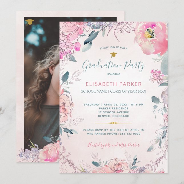 Rustic watercolor floral PHOTO graduation party Invitation (Front/Back)