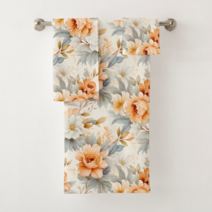 Rustic Watercolor Floral Print Gray Orange Winter Bath Towel Set