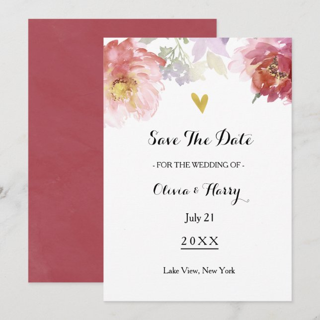 Rustic Watercolor Floral Save The Date Card (Front/Back)