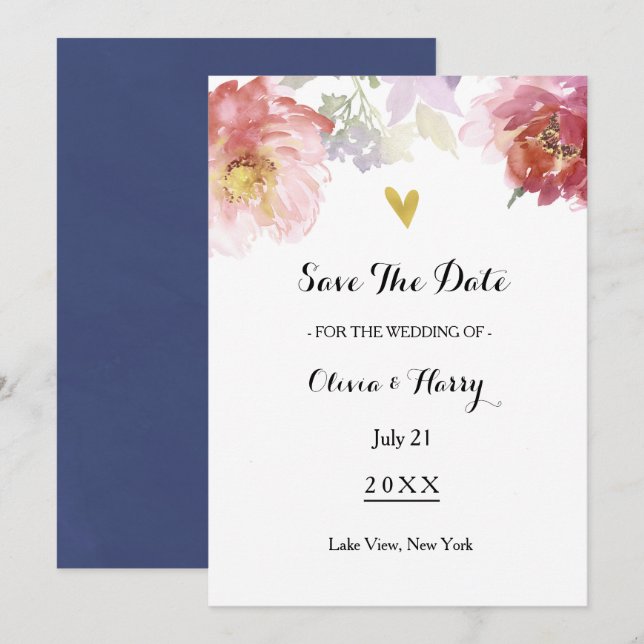 Rustic Watercolor Floral Save The Date Card | Navy (Front/Back)