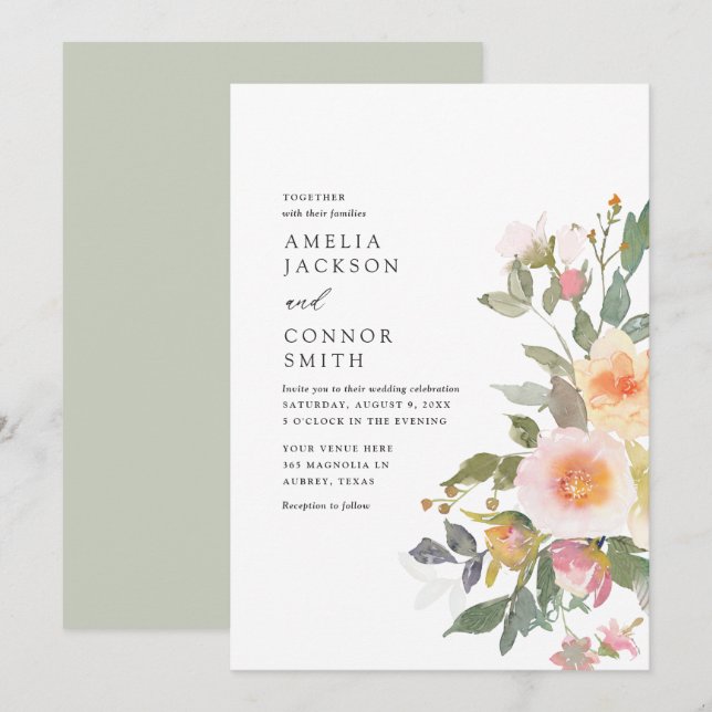 Rustic Watercolor Floral Spring Wedding Invitation (Front/Back)