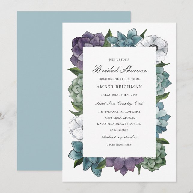 Rustic Watercolor Floral Succulents Bridal Shower Invitation (Front/Back)
