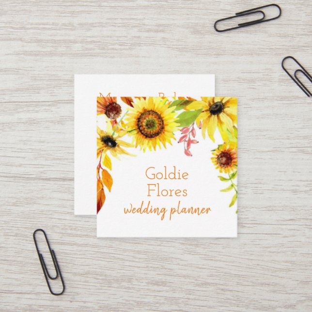 Rustic Watercolor Floral Sunflowers Square Business Card (Front/Back In Situ)
