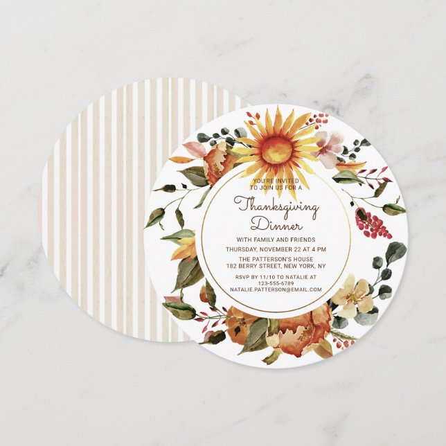 Rustic Watercolor Floral Thanksgiving Dinner Invitation (Front/Back)