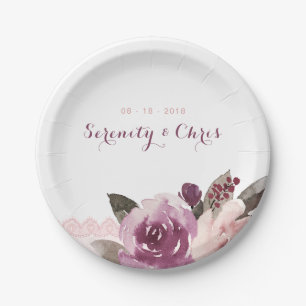 Rustic watercolor floral vintage lace wedding paper plate