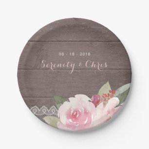 Rustic watercolor floral vintage lace wedding paper plate