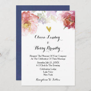 Rustic Watercolor Floral Wedding Invitation   Navy