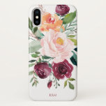 Rustic Watercolor Floral with Monogram iPhone X Case<br><div class="desc">This rustic floral design has beautiful feminine appeal and rustic charm with its bouquet of watercolor roses, mixed flowers and greenery in a trendy colour scheme of burgundy, pink and russet orange with trailing greenery. A text template is included to personalise this design with your desired monogram initials, name or...</div>