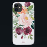 Rustic Watercolor Floral with Monogram iPhone 11 Case<br><div class="desc">Beautifully feminine with rustic charm, this rustic floral design features a bouquet of watercolor roses, mixed flowers and greenery in a trendy colour scheme of burgundy, pink and russet orange with trailing greenery. A text template is included to personalise this design with your desired monogram initials, name or other desired...</div>