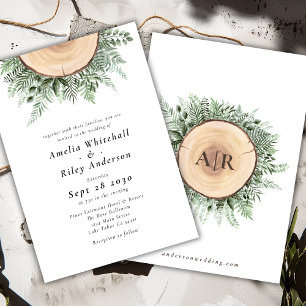 Rustic Watercolor Floral Wood Monogrammed Wedding Invitation