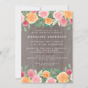 Rustic Watercolor Floral Wood Photo Bridal Shower Invitation